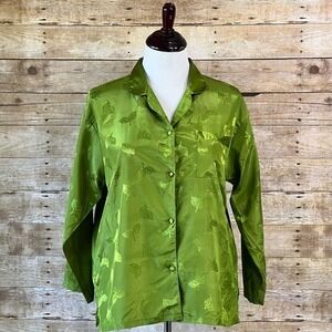 Amanda Gray Pajama Top Womens 1X Green Satin Jacquard Leaf Print Long Sleeve PJs